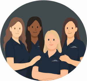 Teamdarstellung mit Avataren der ZFA-Mitarbeiterinnen aus der Praxis, genutzt zur Mitarbeitersuche.